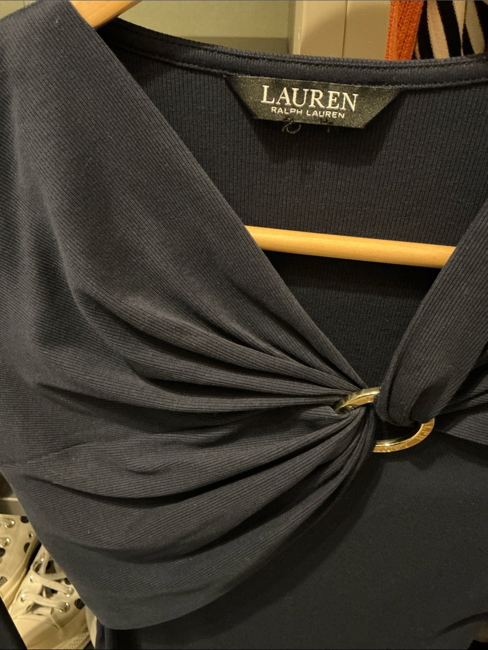 Lauren Ralph Lauren Navy Long Sleeve Twist Top with Gold Ring - Picture 2 of 3